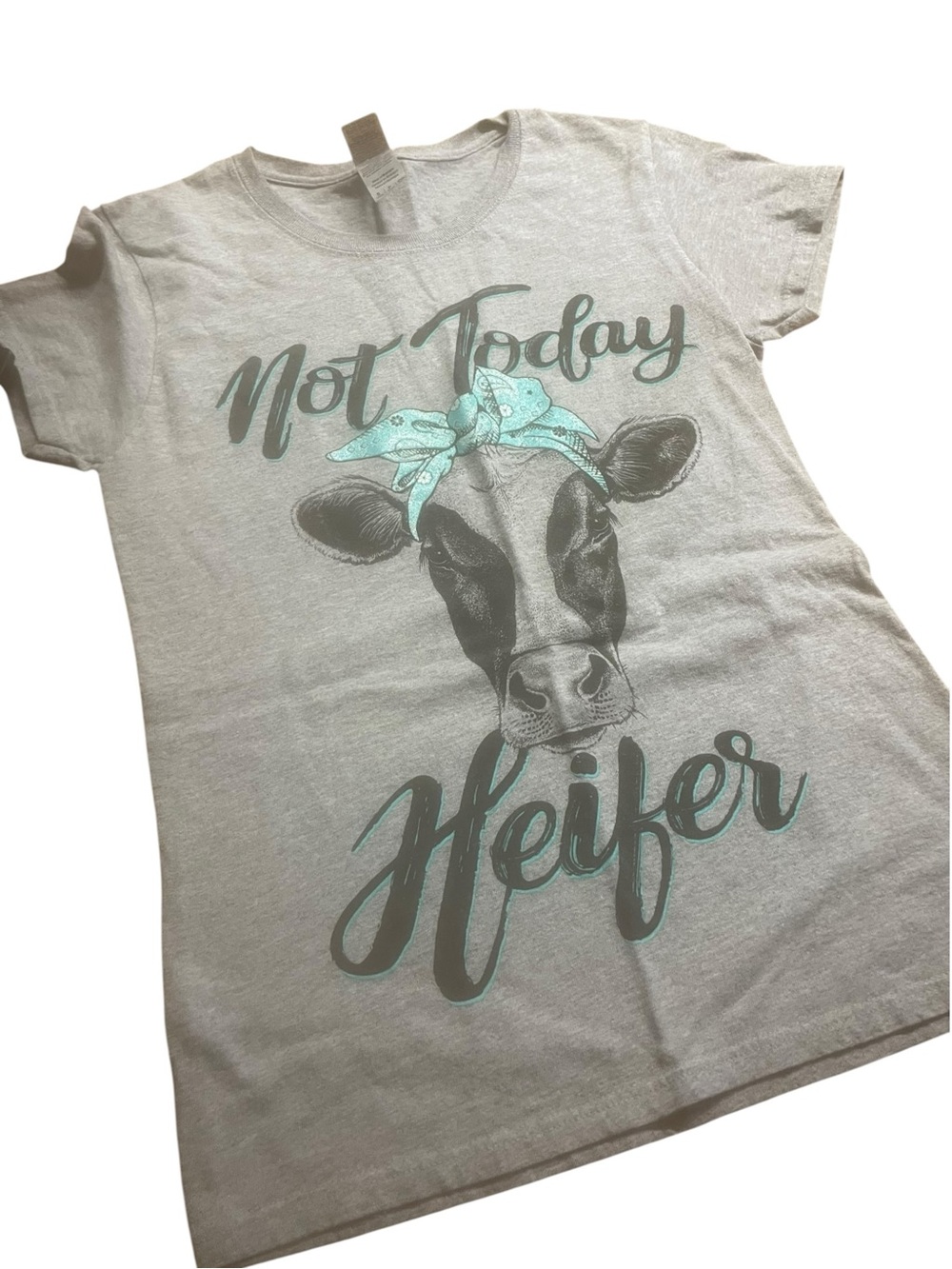 Girls' 'Not Today Heifer' Graphic Tee - Light Gray with Teal Accent
